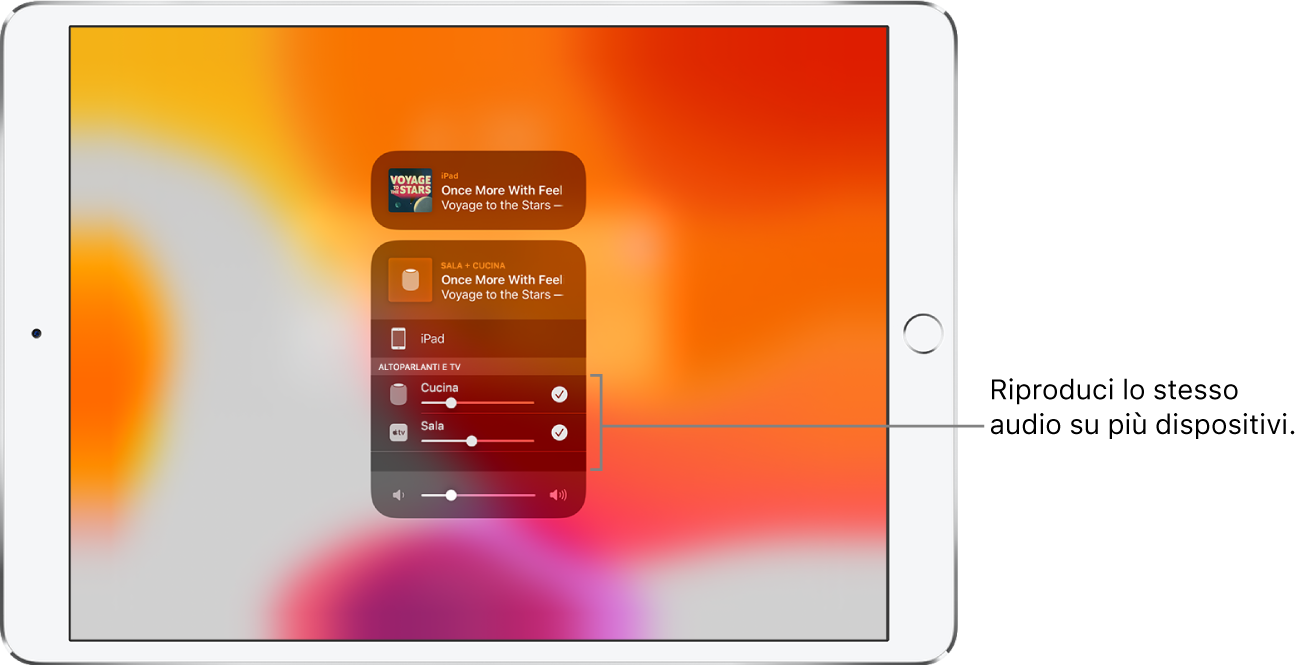 Schermata di iPad che mostra HomePod e Apple TV come destinazioni audio selezionate.