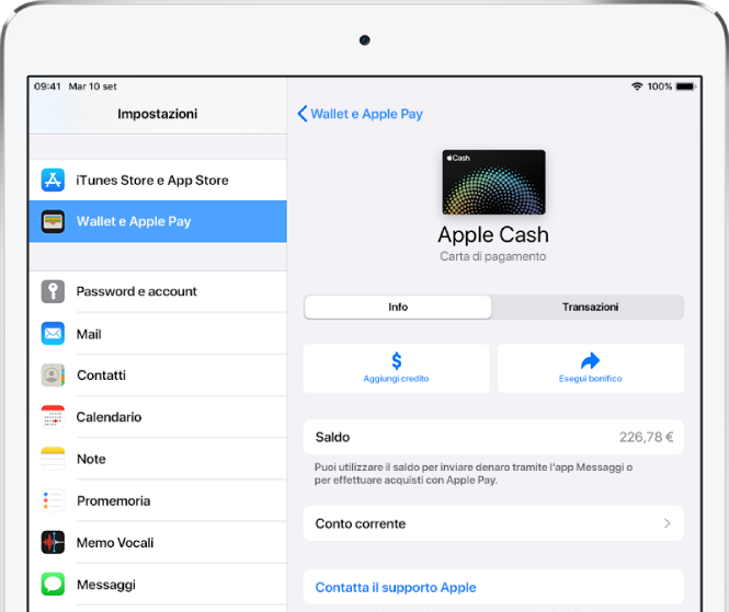 La schermata con i dettagli della carta Apple Cash, con il saldo visibile in alto a destra.