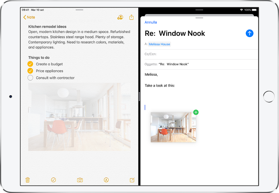 Una Split View con Note aperta sulla sinistra e un’e-mail aperta sulla destra. Una fotografia da Note viene trascinata nell'e-mail.