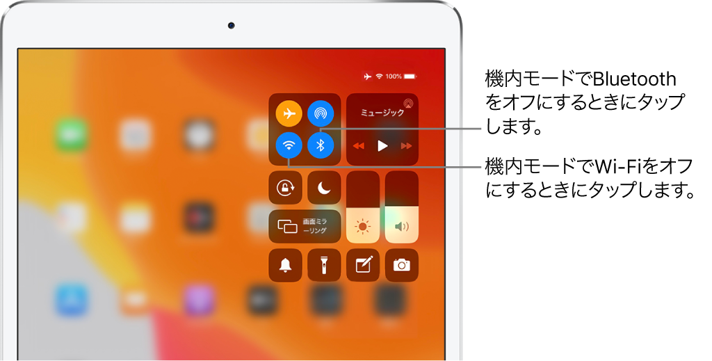 機内モードがオンになっているコントロールセンター。左上のコントロールのグループにある左下のボタンをタップするとWi-Fiがオフになり、同じグループの右下のボタンをタップするとBluetoothがオフになるという説明があります。