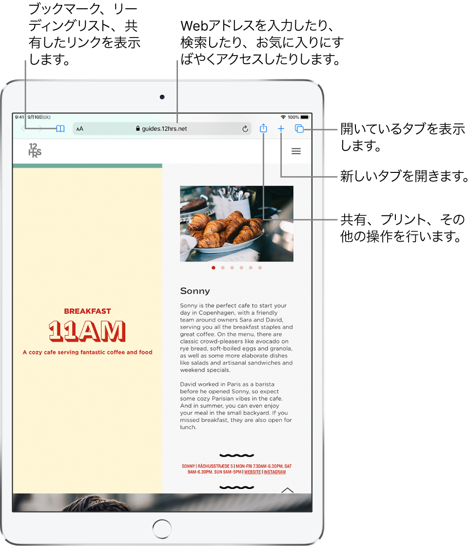 Safariで開いたWebページ。下部には左から順に、戻る、進む、ブックマークボタン、アドレスフィールド、共有、新規タブ、ページボタンがあります。