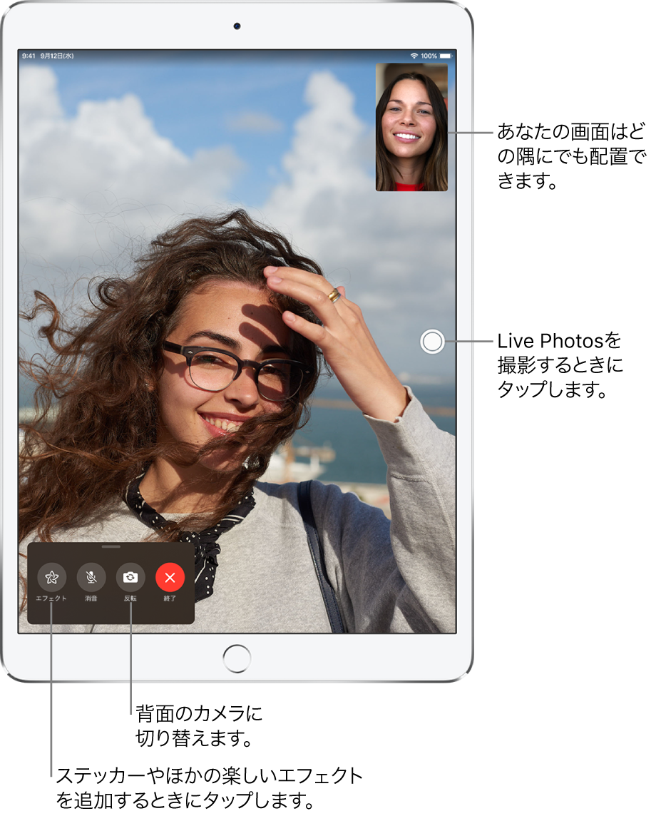 通話中のFaceTimeの画面。右上の小さい枠内に自分のイメージが表示され、画面の残り一杯に相手のイメージが表示されています。画面下部にはエフェクト、消音、反転、および終了の各ボタンがあります。