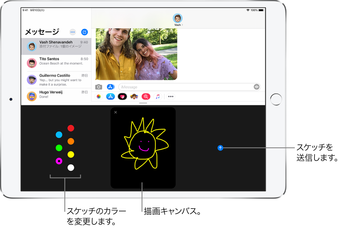 「メッセージ」ウインドウ。下部にDigital Touch画面が表示されています。左側にカラーの選択肢、中央に描画キャンバス、右側に送信ボタンがあります。