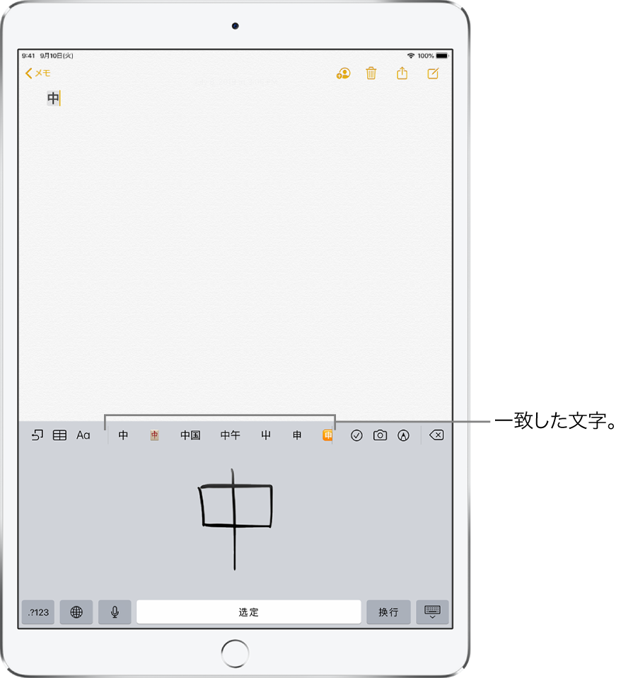 「メモ」App。画面の下半分にタッチパッドが開いています。タッチパッドには手書きの漢字があります。候補の文字がすぐ上に表示され、選択した文字がメモの上部に表示されています。