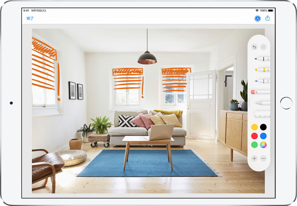 iPadの画面いっぱいに表示されている写真。画面の右側にはマークアップ・ツール・パレットがあり、左から順に、ペン、マーカー、鉛筆、消しゴム、投げ縄、ルーラ、カラーピッカー、追加ボタン、その他のオプションボタンというマークアップツールが表示されています。左上隅には「完了」ボタンがあります。右上隅にはマークアップボタンと共有ボタンがあります。