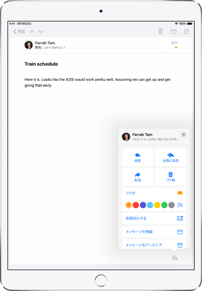 右下に返信オプションが表示されているメール。オプションの下にフラグ用の色の選択肢があります。