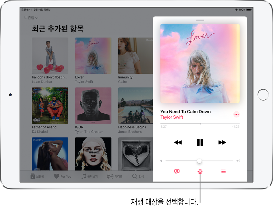 음악 앱의 지금 재생 화면에 있는 재생 제어기. 화면 하단에 나타나는 재생 대상 버튼.