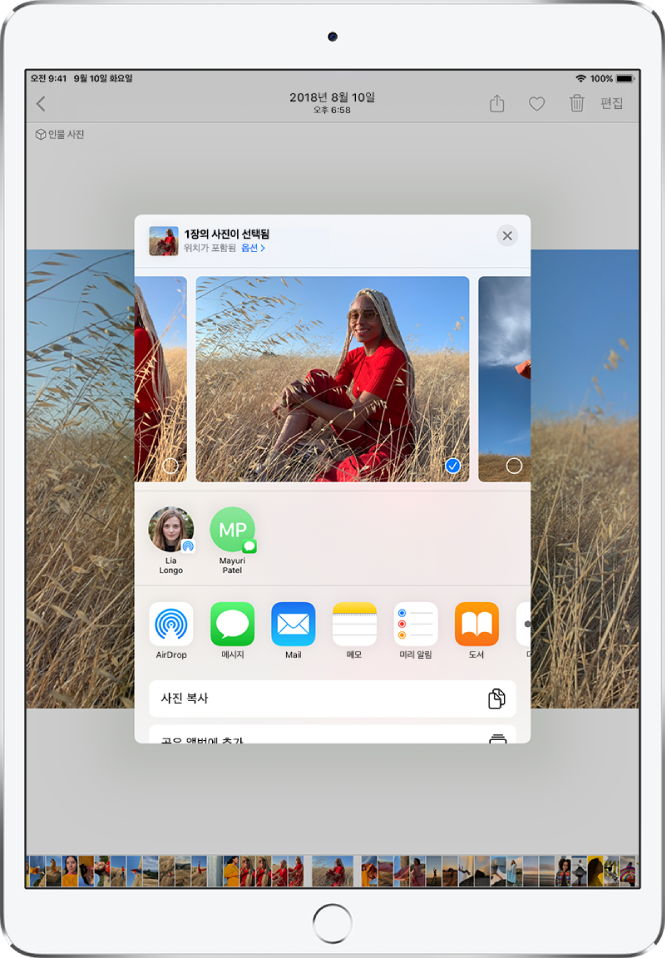 공유 사진 윈도우가 화면 중앙에 있음. 윈도우 상단에 사진이 나열됨. 하나의 사진이 선택되고 체크 표시가 되어 있음. 사진 아래의 행에서 사진을 공유할 최근 연락 대상이 제안됨. 제안된 연락처 아래에는 왼쪽에서 오른쪽으로 공유 옵션인 AirDrop, 메시지, Mail, 메모, 미리 알림 및 도서 앱이 있음. 공유 화면 하단에는 동작 행이 있음. 위에서 아래로 사진 복사, 공유 앨범에 추가가 표시됨.