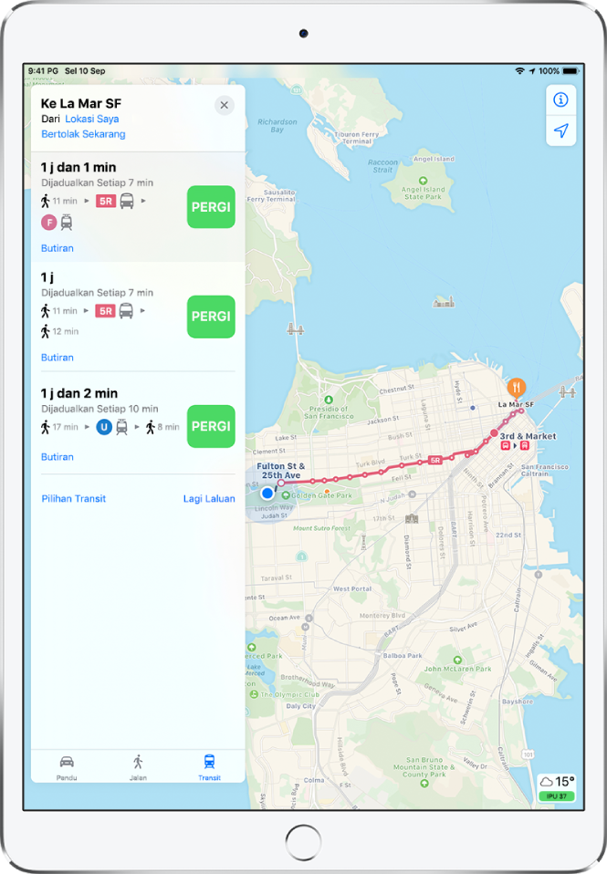 Peta menunjukkan laluan transit merentasi San Francisco. Kad laluan pada sebelah kiri menyenaraikan tiga laluan yang mungkin.