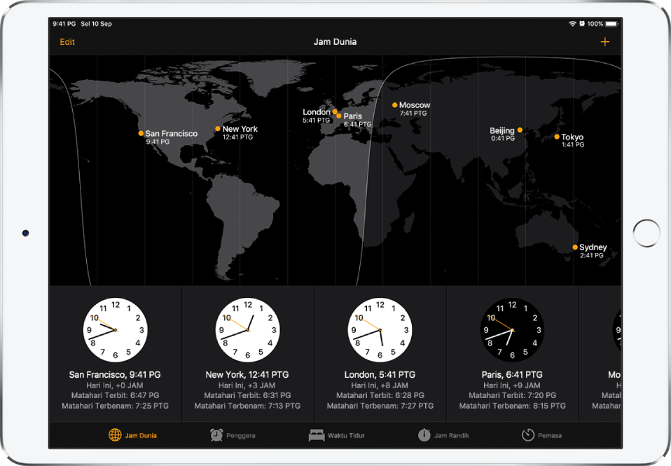 Tab Jam Dunia, menunjukkan waktu di pelbagai bandar. Ketik Edit di bahagian kiri atas untuk menyusun jam. Ketik butang Tambah di bahagian kanan atas untuk menambah lebih lagi. Butang Penggera, Waktu Tidur, Jam Randik dan Pemasa ada di sepanjang bahagian bawah.