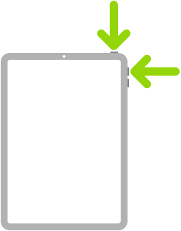 Ilustrasi iPad dengan anak panah menunjukkan butang atas dan butang naikkan kelantangan di bahagian kanan atas.