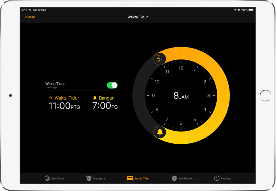 Skrin Waktu Tidur, menunjukkan waktu tidur bemula pada 11 ptg, waktu bangun tidur pada 7 pg serta butang Pilihan di bahagian kiri atas.