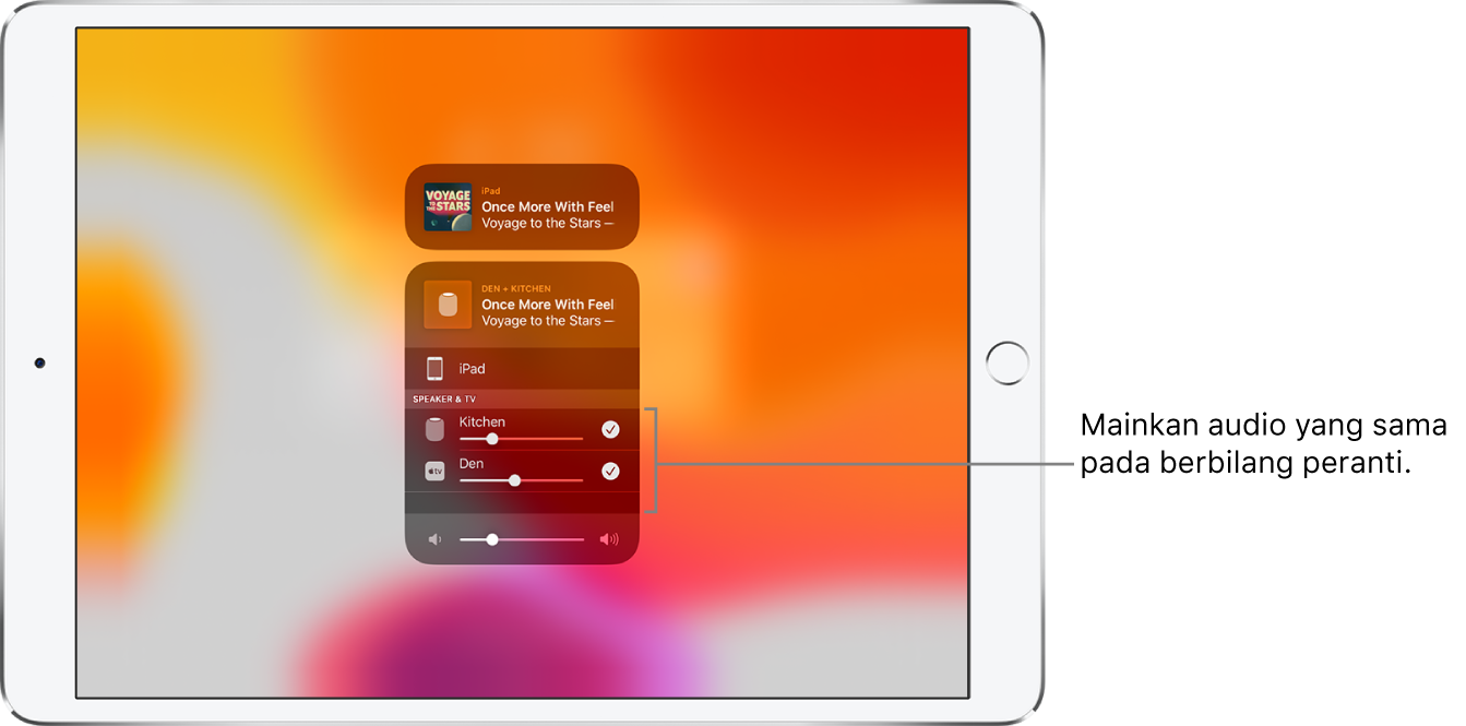 Skrin iPad menunjukkan HomePod dan Apple TV sebagai destinasi audio dipilih.