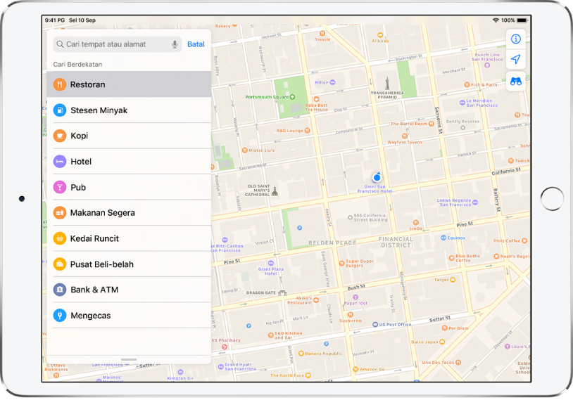Peta menunjukkan sebahagian daripada pusat bandar San Francisco. Di sebelah kiri ialah senarai item termasuk Restoran, Kopi dan Makanan Segera; Restoran dipilih. Dalam peta, ikon jingga menunjukkan tempat makan. Butang info, lokasi dan 3D kelihatan di bahagian kanan atas.