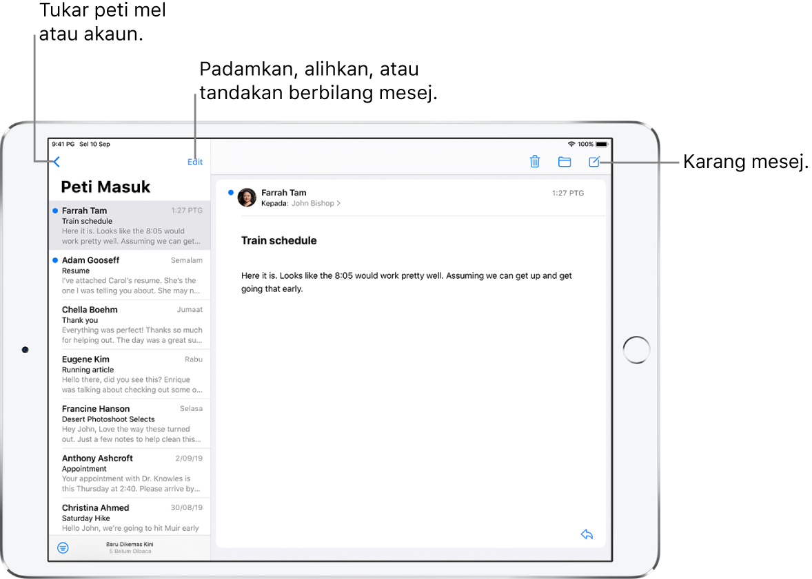 Peti Masuk Mail, dengan senarai e-mel di bahagian kiri dan jaluran e-mel terbuka di bahagian kanan. Butang Peti Mel untuk bertukar ke peti mel lain berada di penjuru kanan atas. Butang untuk menapis e-mel supaya hanya beberapa jenis e-mel ditunjukkan berada di penjuru kiri bawah. Butang untuk mengarang e-mel baru berada di penjuru kanan atas.