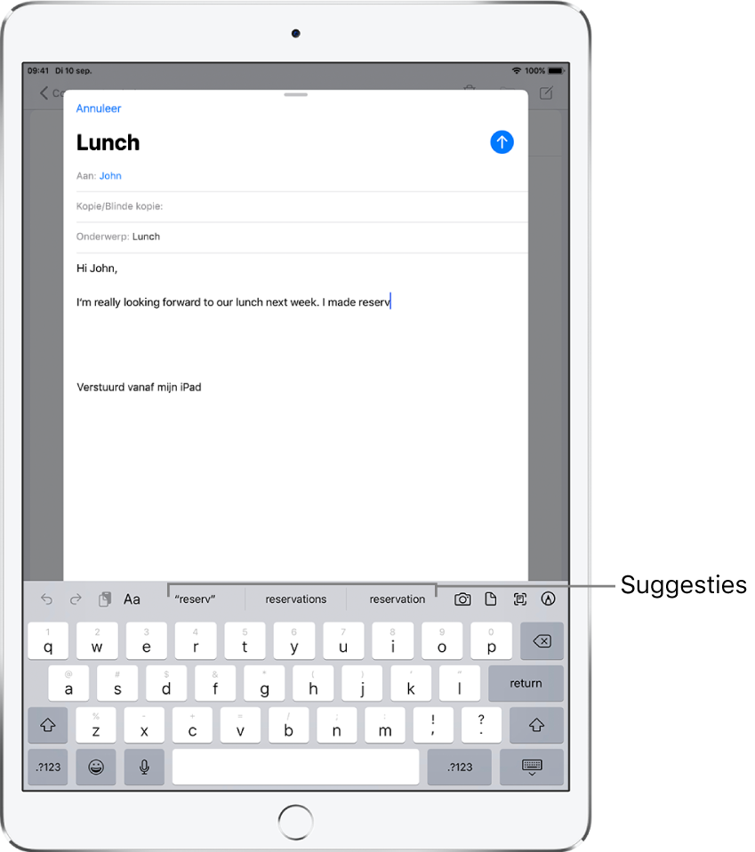E-mailbericht met de eerste paar woorden van een nieuw bericht en suggesties om het volgende woord af te maken.