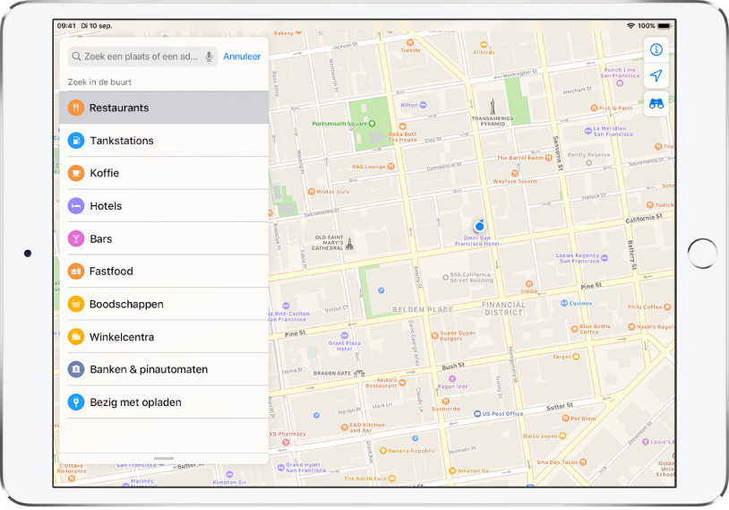 Een kaart met een deel van San Francisco. Links staat een lijst met onderdelen zoals 'Restaurants', 'Koffie' en 'Fastfood'. 'Restaurants' is geselecteerd. Op de kaart worden plaatsen waar je kunt eten aangegeven met oranje symbolen. Rechtsboven staan de knoppen voor info, locatie en 3D.