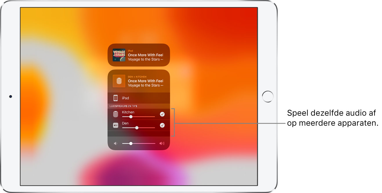 Het iPad-scherm met de HomePod en Apple TV geselecteerd als audiobestemming.
