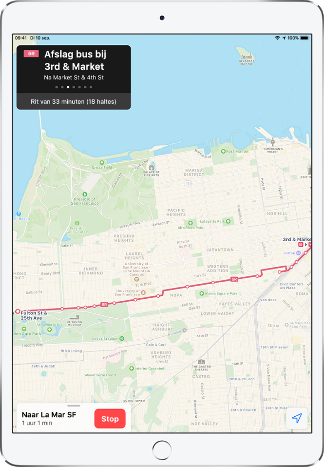 Een kaart met een ov-route door San Francisco. Een routekaart linksboven in het scherm toont de instructie om bij 3rd en Market uit de bus te stappen.