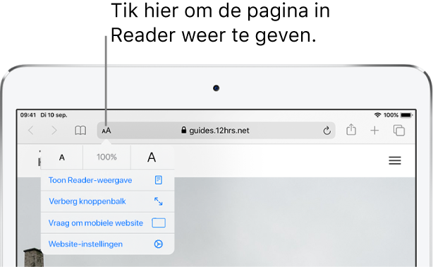 De Safari-knoppenbalk met de Reader-knop helemaal links in het adresveld.