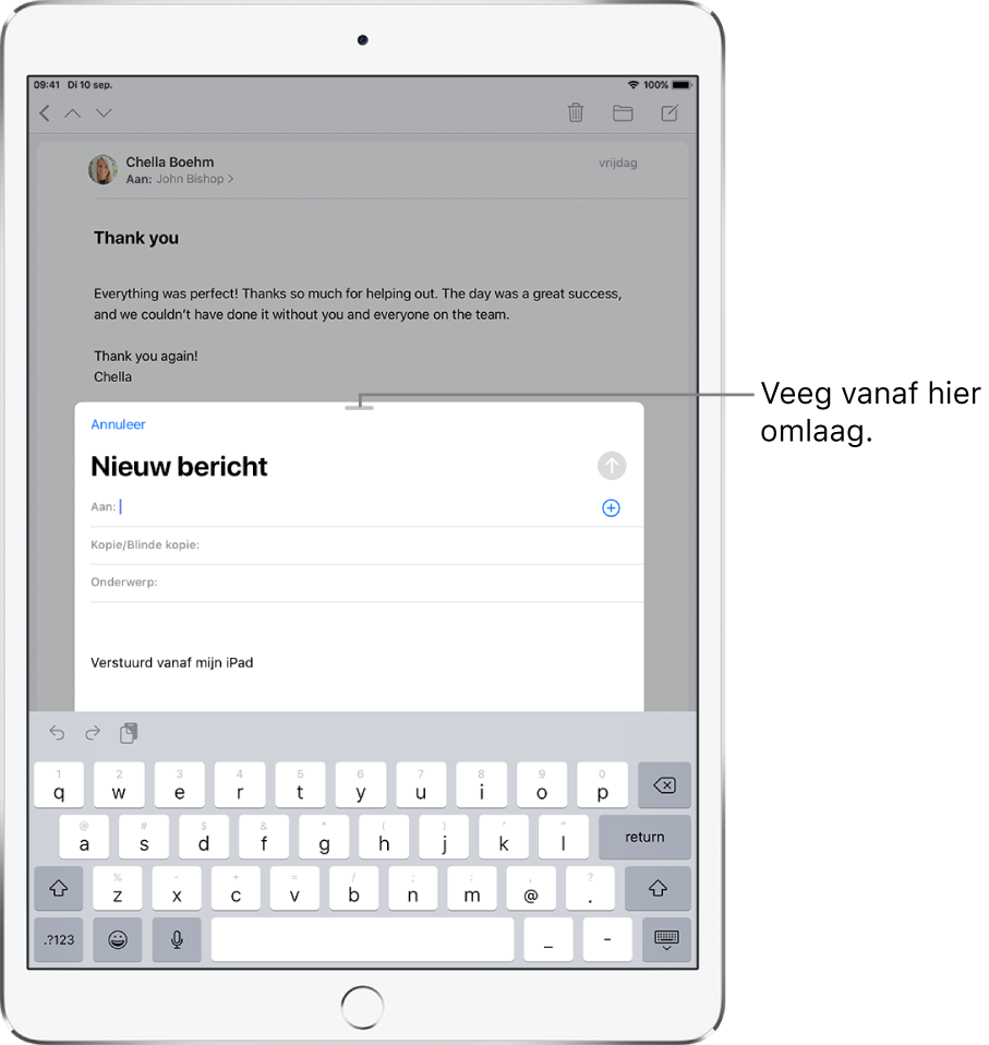 Een concept-e‑mail vóór een ontvangen e‑mail, met een bijschrift dat aangeeft hoe je de concept-e‑mail moet slepen om de andere e‑mail zichtbaar te maken.