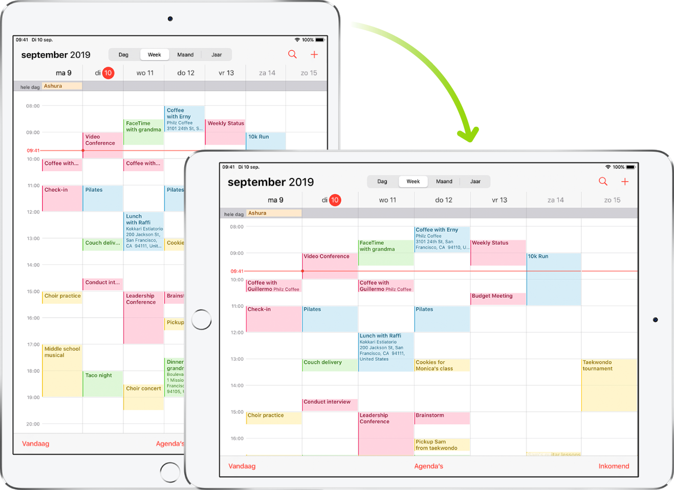 Op de achtergrond wordt op de iPad een Agenda-scherm staand weergegeven; op de voorgrond is de iPad gedraaid, zodat je het Agenda-scherm in de liggende weergave ziet.