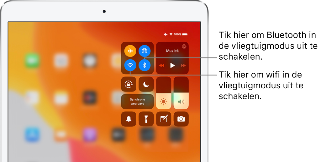 Het bedieningspaneel terwijl de vliegtuigmodus is ingeschakeld. Bijschriften geven aan dat je wifi uitschakelt door in de groep regelaars linksbovenin op de knop linksonder te tikken, en dat je Bluetooth uitschakelt door in dezelfde groep op de knop rechtsonderin te tikken.