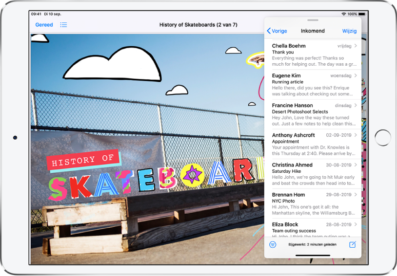 Het scherm wordt gevuld door een grafische app. Mail is geopend in een Slide Over-venster aan de rechterkant van het scherm.