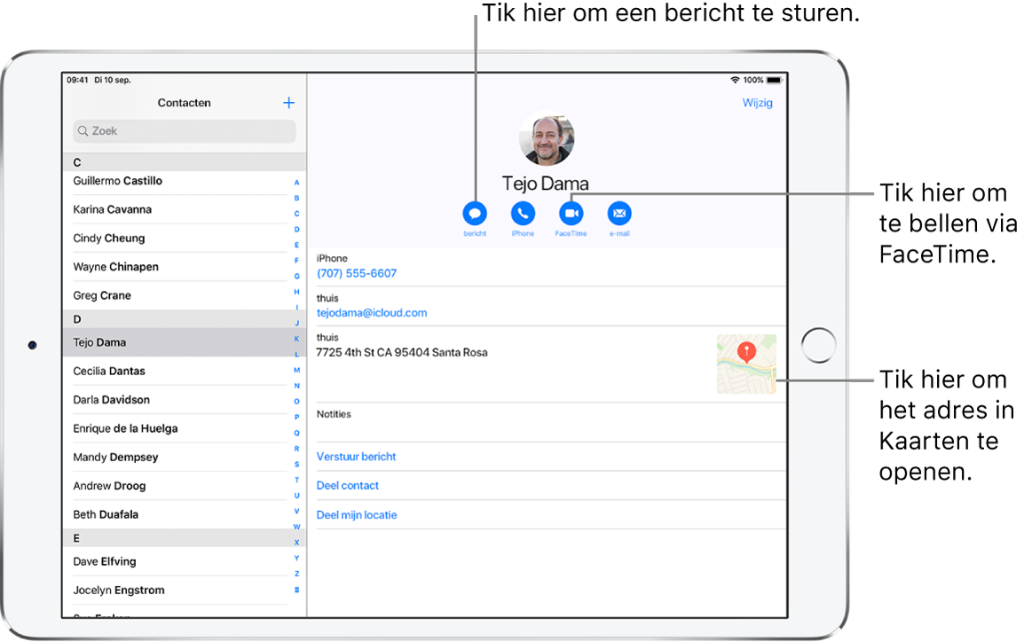 Het scherm van Contacten, met links de lijst met contacten en rechts de geselecteerde contactpersoon. Onder de foto en naam van de contactpersoon staan knoppen voor het versturen van een bericht, bellen met de telefoon, bellen met FaceTime, het sturen van een e-mail en het sturen van geld via Apple Pay. Onder de knoppen vind je de contactgegevens.