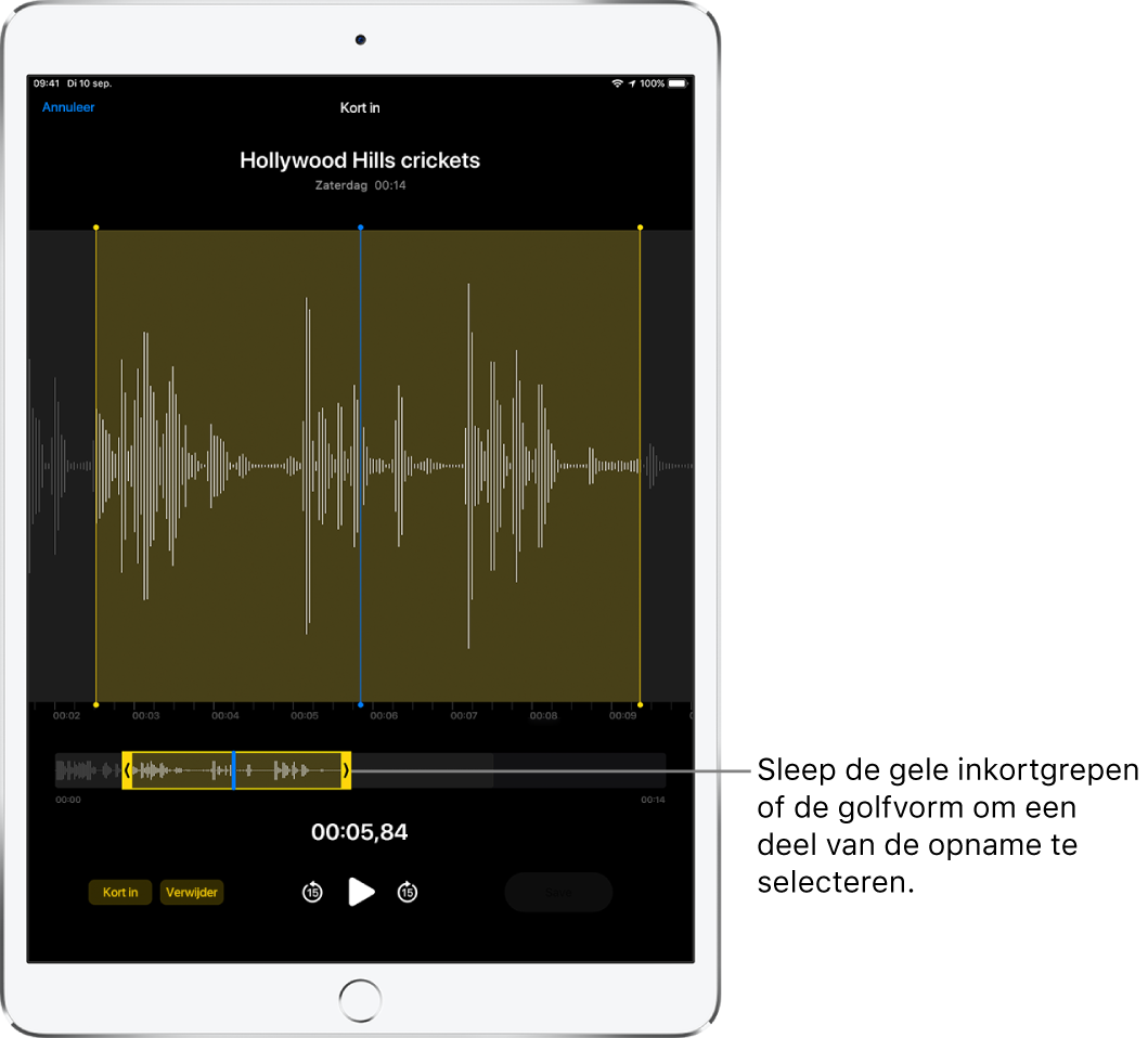 Je ziet hoe de opname wordt ingekort. Onder in het scherm zie je hoe de gele inkortgrepen een deel van de geluidsgolfvorm omsluiten. Onder de golfvorm en de inkortgrepen bevinden zich een afspeelknop en een opnametimer.