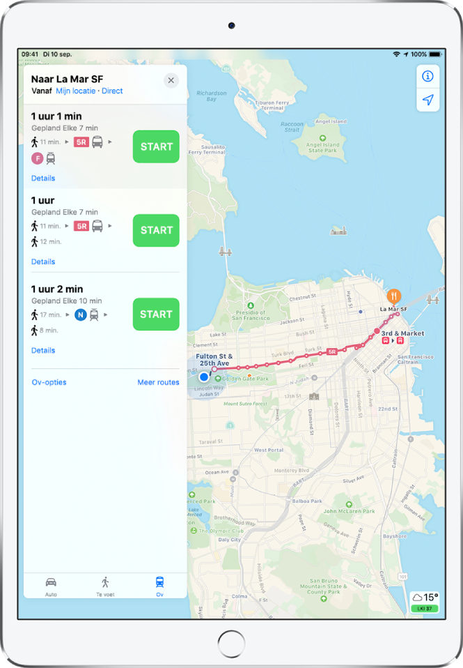 Een kaart met een ov-route door San Francisco. Op een routekaart aan de linkerkant zijn drie mogelijke routes te zien.