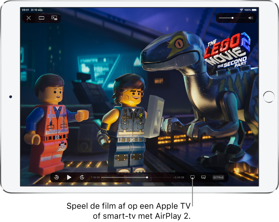 Een film die wordt afgespeeld op het iPad-scherm. Onder in het scherm zie je de afspeelregelaars, met rechtsonderin de knop voor synchrone weergave.