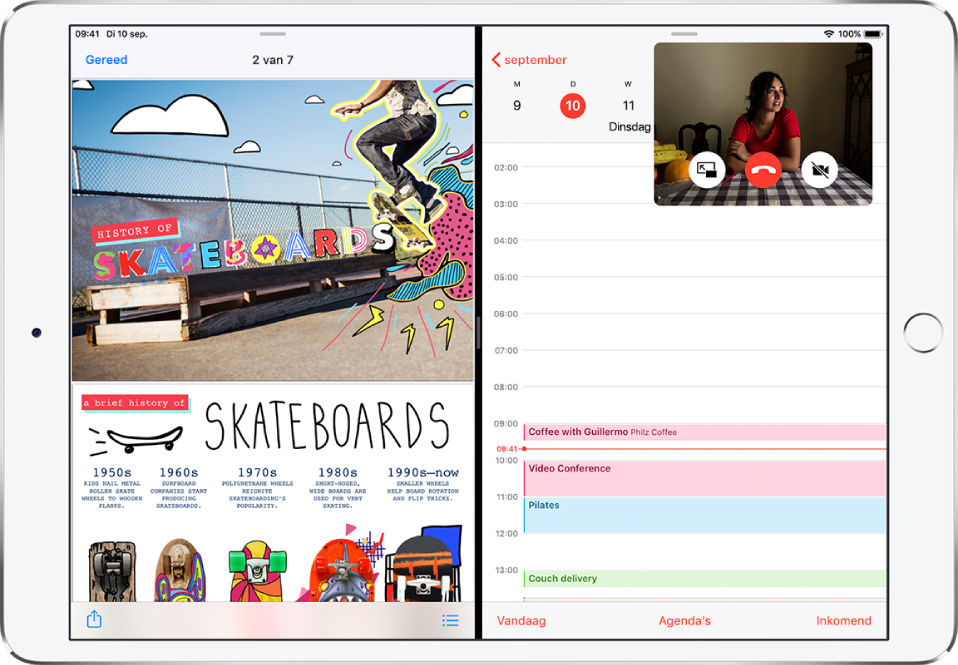 Een grafische app is open aan de linkerkant van het scherm, Agenda is open aan de rechterkant en een klein FaceTime-venster is in de rechterbovenhoek zichtbaar.