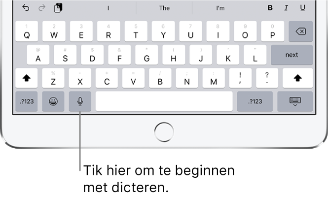 Het schermtoetsenbord met de dicteerknop links naast de spatiebalk. Tik op de dicteerknop om te beginnen met het dicteren van tekst.