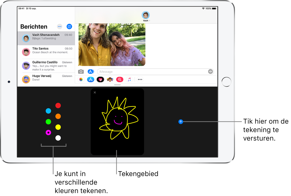 Een Berichten-venster met onderin het Digital Touch-scherm. Links zie je de kleuropties, in het midden het tekengebied en rechts de verstuurknop.