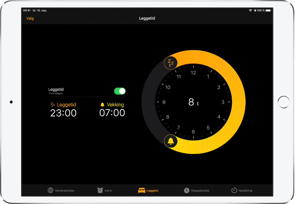 Leggetid-skjermen, som viser en leggetid som starter kl. 23 og vekketid kl. 07, med Valg-knappen øverst til venstre.