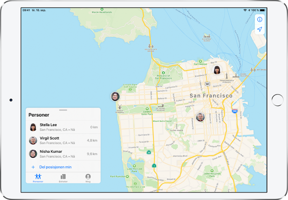 Det er tre venner i Personer-listen: Virgil Scott, Stella Lee og Nisha Kumar. Posisjonene deres vises på et kart over San Francisco.