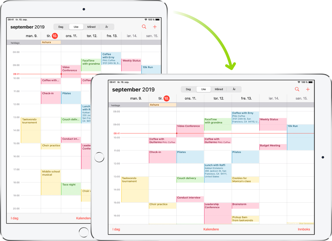 I bakgrunnen er en iPad som viser en Kalender-skjerm i stående retning, og i forgrunnen er iPaden snudd og viser Kalender-skjermen i liggende retning.