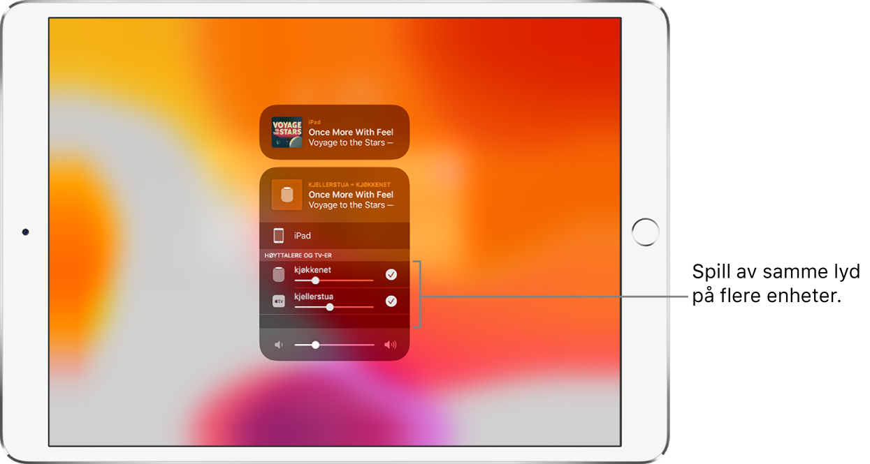 iPad-skjermen som viser HomePod og Apple TV som valgte lydmål.