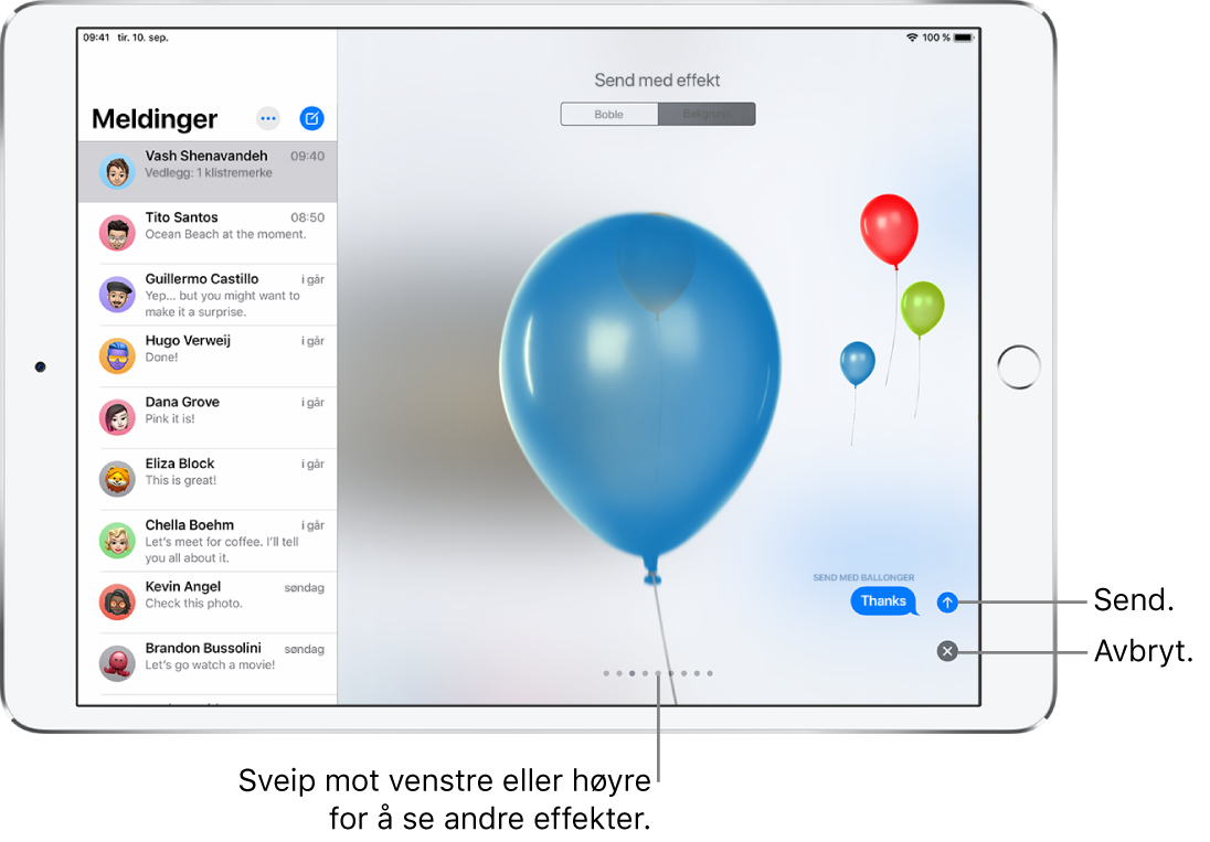 En meldingsforhåndsvisning som viser en fullskjermseffekt med ballonger.