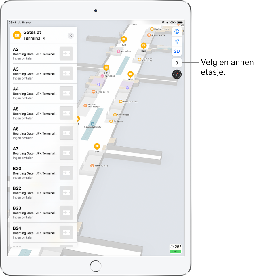 Et innendørskart over en flyplassterminal. Kartet viser bedrifter og ombordstigningsgater. På venstre side av skjermen er et kort som viser gater i terminal 4.