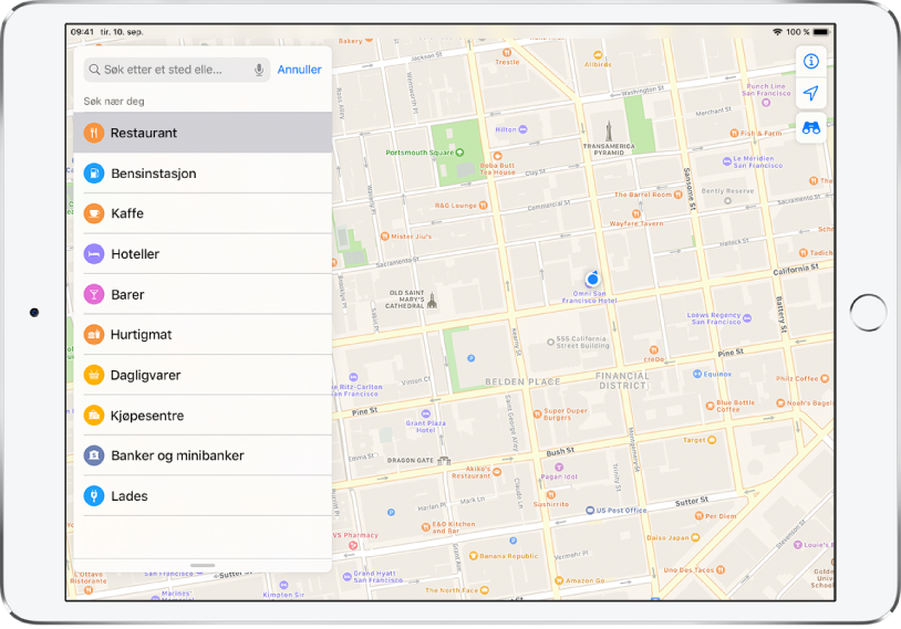Et kart som viser et utsnitt av bysentrum i San Francisco. Til venstre vises en liste som inkluderer restauranter, kaffe og hurtigmat. Restauranter er valgt. Oransje symboler på kartet viser hvor du kan spise. Knapper for informasjon, sted og 3D vises oppe til høyre.