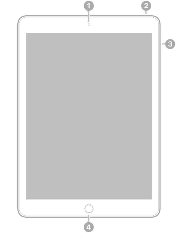 Przód iPada Air 2; opisy wskazują aparat przedni (na górze, na środku), przycisk górny (na górze, po prawej), przyciski głośności (po prawej) oraz przycisk Początek / Touch ID (na dole, na środku).
