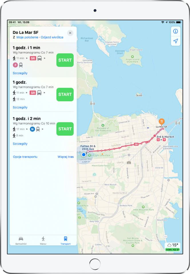 Mapa pokazująca trasę dojazdu w San Francisco. Karta trasy widoczna po lewej stronie zawiera trzy możliwe trasy.