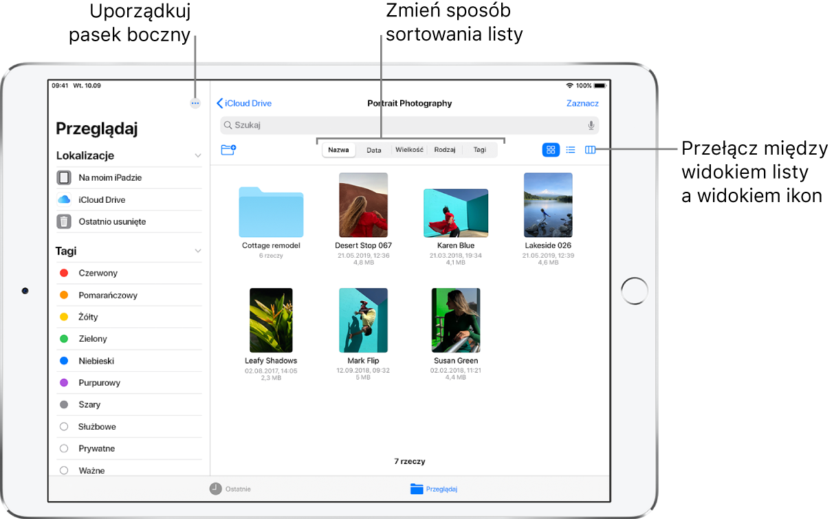 Miejsce na iCloud Drive; wyświetlane przyciski pozwalają porządkować pasek boczny, sortować według nazwy, rozmiaru i tagów oraz przełączać między widokiem listy a widokiem ikon.