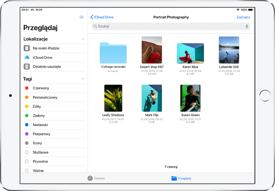 Ekran aplikacji Pliki z paskiem bocznym przeglądania po lewej oraz folderami na iCloud Drive po prawej.
