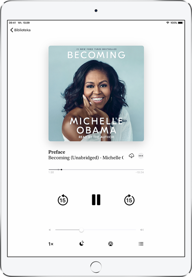 Ekran odtwarzacza książek audio z okładką książki audio na górze po środku. Poniżej okładki widoczny jest numer ścieżki, tytuł książki audio oraz imię i nazwisko autora. Poniżej tytułu książki audio znajduje się głowica, a poniżej głowicy widoczne są narzędzia do odtwarzania, wstrzymywania oraz przewijania do przodu i do tyłu. Poniżej narzędzi odtwarzania znajduje się suwak głośności. Na dole ekranu wyświetlane są (od lewej do prawej) przyciski: szybkości odtwarzania, usypiania, wyjścia dźwięku oraz listy ścieżek. W lewym górnym rogu znajduje się przycisk Biblioteka.