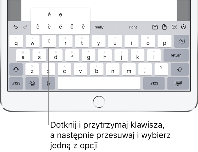 Ekran z dodatkowymi znakami dla klawisza „e”.