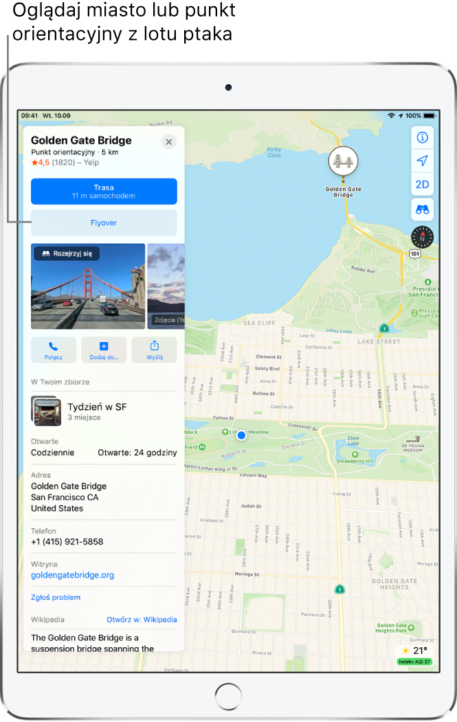 Mapa San Francisco. Po lewej stronie ekranu widoczna jest karta informacji dotycząca mostu golden brydź. Na karcie znajduje się przycisk flajołwer, umieszczony poniżej przycisku Trasa.