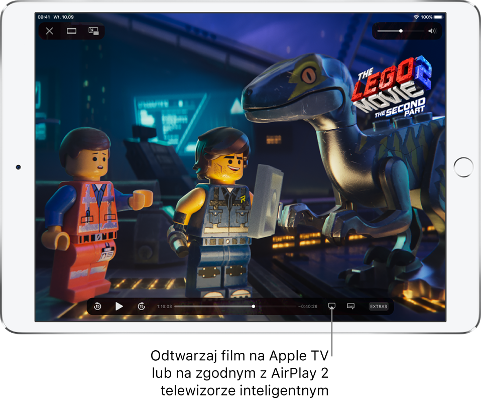 Film odtwarzany na ekranie iPada. Na dole ekranu widoczne są narzędzia odtwarzania, w tym również przycisk klonowania ekranu, znajdujący się w prawym dolnym rogu.